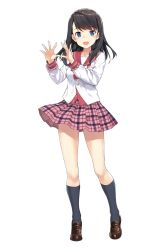 Rule 34 | 1girl, black hair, blue eyes, blue socks, breasts, buttons, commentary request, detached sleeves, frills, full body, hands up, highres, loafers, long hair, long sleeves, looking at viewer, medium breasts, minakami riko, official art, onsen musume, open mouth, pleated skirt, sailor collar, school uniform, shoes, simple background, skirt, smile, socks, solo, standing, takayaki, white background