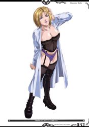 Rule 34 | 00s, 1girl, adjusting hair, bible black, blonde hair, boots, breasts, cleavage, corset, high heels, highres, kitami reika, lab coat, large breasts, lipstick, makeup, nail polish, open clothes, panties, purple nails, purple panties, scan, school nurse, shoes, short hair, smile, solo, thigh boots, thighhighs, underwear, yoshiten