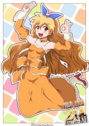 Rule 34 | 1girl, blonde hair, blue neckwear, bow, breasts, brown eyes, calamity jane, commentary request, detached sleeves, dress, drill hair, hair ribbon, hairband, highres, long hair, open mouth, orange dress, orange sleeves, ribbon, sidelocks, smile, solo, waist bow, wild arms, wild arms 1