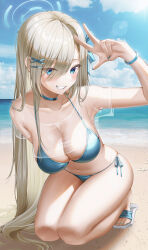 Rule 34 | 1girl, alternate costume, asuna (blue archive), beach, bikini, blonde hair, blue archive, blue bikini, blue choker, blue eyes, blue ribbon, blue sky, blush, breasts, choker, cleavage, collarbone, commentary, day, hair ornament, hair ribbon, halo, hand up, highres, kneeling, large breasts, long hair, mole, mole on breast, navel, ocean, outdoors, parted lips, ribbon, sandals, see-through, see-through shirt, short sleeves, side-tie bikini bottom, sky, smile, solo, starfish, swimsuit, symbol-only commentary, teeth, thighs, very long hair, water, wol (wol 927)
