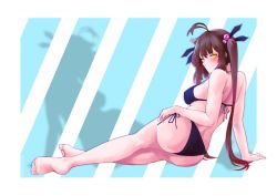 Rule 34 | 1girl, ass, bare legs, barefoot, bikini, blue bikini, blush, breasts, brown hair, closed mouth, commission, full body, girls&#039; frontline, hair ribbon, hand on floor, hand on own thigh, hand on thigh, highres, legs, long hair, looking at viewer, looking to the side, lying, m14 (girls&#039; frontline), medium breasts, on side, pixiv commission, ribbon, sideboob, simple background, smile, soles, solo, sugac, swimsuit, thighs, twintails, yellow eyes