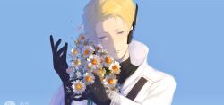 Rule 34 | 1boy, 86283533, absurdres, blonde hair, blue background, chrome: arclight (punishing: gray raven), chrome (punishing: gray raven), flowers in hand, highres, lofter, lofter logo, male focus, punishing: gray raven, solo, solo focus