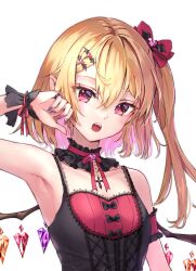 Rule 34 | 1girl, alternate costume, armpits, black dress, blonde hair, blush, collarbone, crystal, dress, fangs, fingernails, flandre scarlet, grey nails, hair between eyes, hair ornament, highres, long hair, multicolored nails, nail polish, one side up, open mouth, pink nails, red eyes, shironeko yuuki, simple background, solo, touhou, upper body, white background, wings