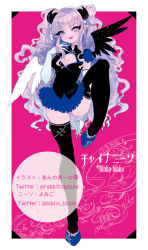 Rule 34 | 1girl, aano (10bit), angel wings, black thighhighs, blue eyes, breasts, character name, cleavage cutout, clothing cutout, elbow gloves, elf, fangs, frilled skirt, frilled sleeves, frills, gloves, horns, leg lift, long hair, looking at viewer, original, outside border, pink background, pointy ears, puffy short sleeves, puffy sleeves, purple hair, ribbon, short sleeves, simple background, skirt, slippers, solo, standing, standing on one leg, thighhighs, twintails, wavy hair, wings