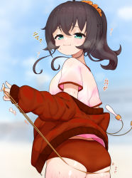 Rule 34 | 1girl, :3, absurdres, ahoge, ass, blue eyes, blurry, blurry background, breath, buruma, deep skin, from behind, gym shirt, gym uniform, hair between eyes, hair ornament, hair scrunchie, highres, hololive, jacket, jump rope, long hair, long sleeves, looking at viewer, looking back, lunch boxer, natsuiro matsuri, off shoulder, open clothes, open jacket, orange scrunchie, red buruma, red jacket, scrunchie, shirt, short sleeves, side ponytail, skindentation, smug, solo, sweat, virtual youtuber, white shirt