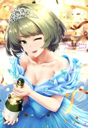 Rule 34 | 10s, 1girl, bare shoulders, blurry, bokeh, bottle, breasts, brown hair, bug, butterfly, cleavage, collarbone, confetti, dated, depth of field, dress, eyelashes, green eyes, happy birthday, highres, holding, idolmaster, idolmaster cinderella girls, infinote, bug, looking at viewer, medium breasts, mole, mole under eye, one eye closed, open mouth, ribbon, short hair, smile, solo, takagaki kaede, tiara, wine bottle