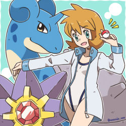 Rule 34 | 1girl, aqua eyes, arm up, artist name, bad id, bad pixiv id, blue background, blue jacket, border, breasts, brown eyes, closed mouth, collarbone, cowboy shot, creatures (company), crystal, female focus, game freak, gem, gen 1 pokemon, hand up, happy, highres, holding, holding poke ball, jacket, lapras, long sleeves, looking at viewer, misty (pokemon), nintendo, notice lines, one-piece swimsuit, open clothes, open jacket, open mouth, orange hair, outline, outside border, outstretched arm, poke ball, poke ball (basic), pokemon, pokemon (creature), pokemon hgss, red gemstone, rorosuke, short hair, simple background, small breasts, smile, standing, starmie, swimsuit, swimsuit under clothes, twitter username, white border, white one-piece swimsuit, white outline, zipper pull tab