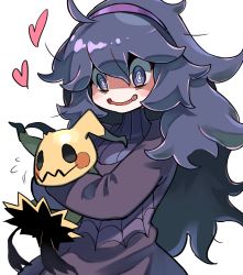 Rule 34 | 1girl, @ @, ahoge, blush, commentary request, creatures (company), dress, fang, flying sweatdrops, game freak, gen 7 pokemon, hair between eyes, hairband, heart, hex maniac (pokemon), highres, holding, holding pokemon, hyou (hyouga617), long hair, messy hair, mimikyu, nintendo, open mouth, pokemon, pokemon (creature), pokemon xy, purple dress, purple eyes, purple hairband, simple background, smile, tongue, white background