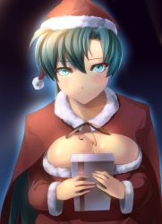 Rule 34 | 1girl, bad id, bad pixiv id, blush, breasts, cleavage, fire emblem, fire emblem: the blazing blade, gift, glowing, gradient background, green eyes, green hair, hat, holding, large breasts, looking at viewer, lyn (fire emblem), matching hair/eyes, necktie, nintendo, ponytail, ribbon, sajittari, santa costume, santa hat, smile, solo, upper body