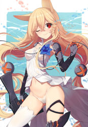 Rule 34 | 1girl, ;), absurdres, animal ears, asymmetrical legwear, black thighhighs, blonde hair, breasts, bright pupils, closed mouth, contrapposto, cowboy shot, flower, g41 (girls&#039; frontline), girls&#039; frontline, gluteal fold, gun, hair between eyes, hair ornament, highres, light trail, long hair, looking at viewer, low twintails, mismatched legwear, navel, one eye closed, outside border, panties, prosthesis, prosthetic arm, red eyes, revealing clothes, scan, sh (shinh), small breasts, smile, solo, string panties, symbol-shaped pupils, thigh strap, thighhighs, twintails, underwear, very long hair, weapon, white panties, white thighhighs