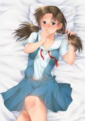 Rule 34 | 1girl, absurdres, blush, brown eyes, brown hair, freckles, hair bobbles, hair ornament, hand in own hair, hand to own mouth, highres, horaki hikari, igarashimw, looking at viewer, lying, neck ribbon, neon genesis evangelion, nose blush, on back, pillow, red ribbon, ribbon, school uniform, skirt, solo, suspender skirt, suspenders, tokyo-3 middle school uniform, twintails, undone neck ribbon