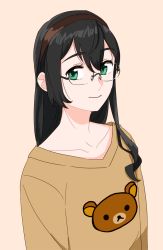 Rule 34 | 10s, 1girl, black hair, casual, glasses, green eyes, hairband, kantai collection, long hair, ojipon, ooyodo (kancolle), simple background, smile, solo