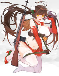 Rule 34 | 1girl, absurdres, alternate costume, antenna hair, battle rifle, beijuu, bell, breasts, brown hair, elbow gloves, full body, girls&#039; frontline, gloves, gun, hair ornament, high heels, highres, large breasts, long hair, looking at viewer, m14, m14 (girls&#039; frontline), miniskirt, navel, open mouth, red footwear, red gloves, red skirt, rifle, sailor collar, shoes, single shoe, skindentation, skirt, solo, thighhighs, twintails, weapon, white thighhighs, yellow eyes