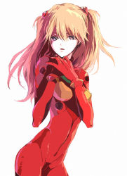 Rule 34 | 1girl, :o, blue eyes, bodysuit, bracer, breasts, cowboy shot, female focus, from side, gloves, hair between eyes, hair ornament, hand on own chest, long hair, looking at viewer, neon genesis evangelion, open mouth, orange hair, own hands together, pilot suit, plugsuit, red hair, simple background, skinny, small breasts, solo, souryuu asuka langley, turtleneck, white background