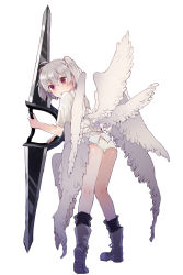 Rule 34 | 1girl, angel chromosome xx, ass, bad id, bad tumblr id, blush, boots, commentary request, feathered wings, from behind, full body, grey footwear, hair between eyes, highres, holding, holding weapon, ikeuchi tanuma, looking at viewer, looking back, multiple wings, neon genesis evangelion, panties, parted lips, pigeon-toed, red eyes, short hair, simple background, socks, solo, standing, tabris-xx, two side up, underwear, weapon, white background, white panties, wings