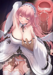 Rule 34 | 1boy, 1girl, armpits, azur lane, grabbing another&#039;s breast, breasts, censored, chain, chained, chained wrists, cleavage, clothed female nude male, cross-section, cum, cum in pussy, detached collar, detached sleeves, dress, frilled dress, frills, grabbing, grabbing from behind, hetero, highres, large breasts, long hair, mosaic censoring, niboshin (usagi drive), nude, panties, penis, perseus (azur lane), pink eyes, pink hair, pussy juice, see-through, sex, thighhighs, twintails, underwear, vaginal, very long hair, wet, white dress, white panties, white thighhighs, wide sleeves, wing collar