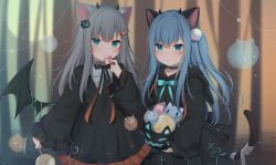 Rule 34 | 2019, 2girls, :t, amashiro natsuki, animal ears, black bow, black dress, blue eyes, blue hair, blush, bow, candy, cat ears, cat girl, cat tail, closed mouth, commentary request, demon girl, demon horns, demon wings, dress, eating, eyebrows hidden by hair, food, frilled dress, frills, hair between eyes, hair ornament, hairclip, halloween, halloween bucket, highres, holding, holding candy, holding food, holding lollipop, hood, hood down, hooded dress, horns, lollipop, long hair, long sleeves, looking at viewer, multiple girls, nachoneko, nekoha shizuku, one side up, original, sleeves past wrists, swirl lollipop, tail, very long hair, wavy mouth, wide sleeves, wings
