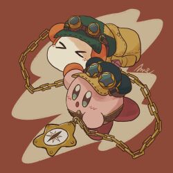 Rule 34 | &gt; &lt;, :o, aqua eyes, backpack, bag, bandana waddle dee, blush stickers, brown-framed eyewear, cabbie hat, chain, colored skin, commentary request, compass, goggles, goggles on headwear, gold chain, green headwear, hat, highres, holding, holding compass, holding hands, kirby, kirby (series), nintendo, no humans, no mouth, open mouth, orange skin, parasoruoishii, patch, pink skin, red background, red footwear, round eyewear, shoes, signature, star (symbol), steampunk, watch, yellow bag