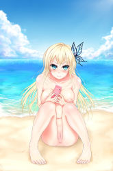 Rule 34 | 10s, 1girl, anus, bad id, bad pixiv id, barefoot, beach, blonde hair, blue eyes, blue sky, boku wa tomodachi ga sukunai, breasts, butterfly hair ornament, cellphone, cleft of venus, cloud, completely nude, day, feet, full body, hair ornament, highres, horizon, kashiwazaki sena, knees together feet apart, large breasts, looking at viewer, nipples, nude, ocean, outdoors, phone, pussy, sand, shoujo donburi, sitting, sky, solo, toes, uncensored, water