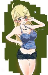 Rule 34 | 00s, 1girl, ahoge, armpits, bare shoulders, blonde hair, border, breasts, cleavage, green background, green eyes, halterneck, hand on own hip, hoshii miki, idolmaster, idolmaster (classic), idolmaster 1, jewelry, koowa, large breasts, long hair, looking at viewer, midriff, navel, necklace, pendant, short shorts, shorts, simple background, sketch, sleeveless, solo, stomach, tank top, very long hair