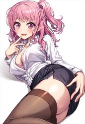 Rule 34 | 1girl, :d, bang dream!, black skirt, blush, bra, bra peek, breasts, brown thighhighs, cleavage, collarbone, collared shirt, dress shirt, feet out of frame, hand on own ass, hand up, lambda (kusowarota), long sleeves, looking at viewer, lying, maruyama aya, medium breasts, medium hair, miniskirt, on side, one side up, open mouth, partially unbuttoned, pencil skirt, pink bra, pink eyes, pink hair, shirt, shirt tucked in, side slit, simple background, skirt, smile, solo, thighhighs, underwear, white background, white shirt, zettai ryouiki