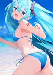 Rule 34 | 1girl, arm tattoo, ass, bare arms, bare shoulders, beach, bikini, blue bikini, blue eyes, blue hair, blue nails, blue sky, blush, breasts, cloud, commentary, day, fingernails, good ass day, hair between eyes, hair ornament, hatsune miku, highres, horizon, long hair, looking at viewer, medium breasts, nail polish, number tattoo, ocean, open mouth, outdoors, running, shore, side-tie bikini bottom, sky, solo, swimsuit, takepon1123, tattoo, twintails, very long hair, vocaloid, water