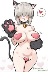 Rule 34 | 1girl, :d, animal ear fluff, animal ears, animal hands, artist name, bell, black collar, black gloves, black tail, blush, breast lift, breasts, cat ears, cat tail, collar, collarbone, commentary, covered erect nipples, cowboy shot, embarrassed, gloves, gradient background, grey hair, grin, groin, hair over eyes, hand up, heart, heart background, heart pasties, highres, jingle bell, large breasts, long bangs, maebari, momoiro tunozemi, motion lines, navel, neck bell, nude, open mouth, paid reward available, parted lips, pasties, paw gloves, short hair, sidelocks, signature, smile, solo, standing, tail, trembling, twitter username, uzaki-chan wa asobitai!, uzaki yanagi, waving, white background, wide hips
