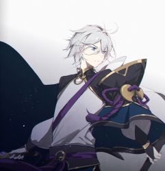 Rule 34 | 1boy, aqua-, black gloves, blue eyes, bridal gauntlets, chinese clothes, fate/grand order, fate (series), gloves, gold trim, gradient background, grey hair, hair between eyes, highres, holding, light particles, long sleeves, looking away, magatama, male focus, no mask, parted lips, prince of lan ling (fate), shirt, short hair, solo, upper body
