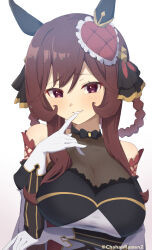 Rule 34 | 1girl, blush, breasts, brown hair, chahanramen, cleavage, collarbone, commentary request, detached sleeves, finger to mouth, gentildonna (umamusume), gloves, hair between eyes, hair ornament, hair rings, highres, horse girl, large breasts, looking at viewer, pointing, pointing at self, red eyes, simple background, solo, twitter username, umamusume, white background