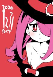 Rule 34 | 1girl, 2020, breasts, closed mouth, collarbone, hair over one eye, hat, highres, hys-d, little witch academia, long hair, looking at viewer, luna nova school uniform, pale skin, pink hair, red eyes, school uniform, simple background, solo, sucy manbavaran, witch, witch hat