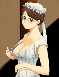 Rule 34 | 00s, 1girl, a1 (initial-g), breast slip, breasts, brown eyes, brown hair, camisole, corset, cover, downblouse, emma, emma (victorian romance emma), glasses, hair bun, large breasts, nipples, one breast out, single hair bun, solo, victorian romance emma