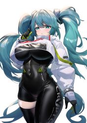 Rule 34 | 1girl, absurdres, alternate breast size, aqua eyes, aqua hair, arm at side, asymmetrical bodysuit, black bodysuit, black gloves, blush, bodysuit, breasts, cleavage, covered navel, cowboy shot, crop top, crop top overhang, cropped jacket, curvy, dishui tangni, flame print, gloves, goodsmile racing, green gloves, hair between eyes, hand up, hatsune miku, highres, jacket, large breasts, long hair, long sleeves, looking at viewer, parted lips, race queen, racing miku, racing miku (2022), simple background, single thighhigh, smiley face, solo, thighhighs, thighs, twintails, two-tone gloves, very long hair, vocaloid, white background, white jacket