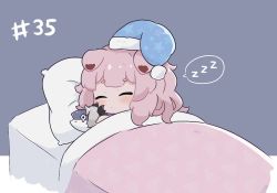 Rule 34 | 1girl, animal, animal ears, arknights, bed, blue headwear, blush, cat ears, cat girl, chibi, commentary, crying, crying with eyes open, english commentary, fish, goldenglow (arknights), grey hair, hat, holding, holding animal, horns, kurotofu, nightcap, numbered, pillow, pink hair, sleeping, spoken zzz, tears, zzz