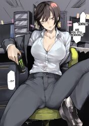 Rule 34 | 1girl, absurdres, bags under eyes, black footwear, breasts, brown eyes, brown hair, buttons, can, cleavage, collarbone, collared shirt, energy drink, english text, grey pants, hard-translated, highres, indoors, kyoyakyo, large breasts, long sleeves, looking at viewer, monster energy, office, office lady, original, pants, parted lips, shirt, short hair, sitting, solo, spread legs, third-party edit, translated, white shirt