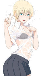 Rule 34 | 1girl, blonde hair, blue eyes, blush, bra, breasts, collared shirt, looking at viewer, ogros, shirt, short hair, small breasts, smile, solo, sweat, underwear, v, very sweaty, wet, wet clothes, wet shirt, white background