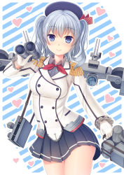Rule 34 | 10s, 1girl, black skirt, blue eyes, gloves, heart, highres, kantai collection, kashima (kancolle), looking at viewer, military, pleated skirt, silver hair, skirt, smile, solo, twintails, umitonakai, white gloves