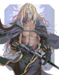 Rule 34 | 1boy, abs, alucard (castlevania), bishounen, blonde hair, bonnie tang, cape, castlevania: symphony of the night, castlevania (series), castlevania iii: dracula&#039;s curse, dhampir, gloves, half-human, long hair, looking at viewer, male focus, muscular, nipples, silver hair, simple background, solo, sword, undead, vampire, weapon
