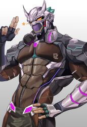 Rule 34 | 1boy, abs, absurdres, armor, bara, breastplate, danzo (live a hero), fishnets, hand on own hip, headphones, headphones around neck, helmet, highres, live a hero, male focus, mechanical parts, muscular, muscular male, one eye closed, pectorals, salute, scar, solo, tokuni (toktoktokuni), two-finger salute, upper body, wink star