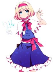 Rule 34 | 1girl, alice margatroid, arm behind back, bad id, bad twitter id, blonde hair, blue dress, blue eyes, blush, book, bow, bowtie, brooch, capelet, dress, embellished costume, hairband, heart, heart print, holding, holding book, jewelry, lolita hairband, looking up, puppet rings, red bow, red bowtie, ring, sash, short hair, solo, string, touhou, you (noanoamoemoe)