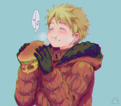 Rule 34 | 1boy, animification, bacon, black gloves, blonde hair, blue background, blush, breath, burger, cheese, closed eyes, food, food on face, fur trim, gloves, heart, hood, hood down, kenny mccormick, lettuce, long sleeves, pantygnomes, shadow, short hair, simple background, solo, south park, speech bubble, tomato, upper body