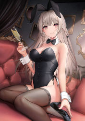 Rule 34 | 1girl, animal ears, armpit crease, bare arms, bare shoulders, black footwear, black leotard, bow, bowtie, breasts, brown thighhighs, chaise longue, champagne flute, cleavage, couch, cup, detached collar, drinking glass, earrings, fake animal ears, hand up, high heels, highleg, highleg leotard, holding, holding cup, indoors, jewelry, large breasts, leotard, long hair, looking at viewer, no bra, on couch, original, playboy bunny, rabbit ears, red eyes, shiba 0, sidelocks, silver hair, sitting, smile, solo, strapless, strapless leotard, thighhighs, thighs, wrist cuffs