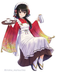 Rule 34 | 1girl, apron, black footwear, black hair, black skirt, closed mouth, coffee cup, commentary request, cup, disposable cup, frilled apron, frills, full body, hair between eyes, highres, holding, holding tray, iroha (iroha matsurika), japanese clothes, kimono, long hair, long sleeves, looking at viewer, maid, maid headdress, original, red kimono, sandals, simple background, skirt, smile, socks, solo, tabi, tray, twitter username, wa maid, white apron, white background, white socks, wide sleeves, yellow eyes, zouri