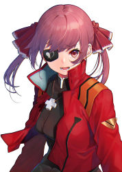 Rule 34 | 1girl, commentary request, cosplay, cross, cross necklace, eyepatch, hair ribbon, highres, hololive, houshou marine, jacket, jewelry, katsuragi misato (cosplay), long sleeves, looking at viewer, mikan (chipstar182), necklace, neon genesis evangelion, open mouth, red eyes, red hair, red jacket, red ribbon, ribbon, short hair, simple background, solo, teeth, twintails, upper body, virtual youtuber, white background