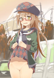 Rule 34 | 1girl, argyle, argyle clothes, argyle skirt, blurry, blush, brown eyes, brown hair, caburi aki, cleft of venus, clothes lift, commentary request, cowboy shot, crescent, crescent pin, day, depth of field, exhibitionism, groin, hat, kantai collection, lifted by self, long hair, long sleeves, looking at viewer, mochizuki (kancolle), necktie, no panties, nose blush, open mouth, outdoors, public indecency, pussy, school uniform, serafuku, sidelocks, skirt, skirt lift, solo, sweat, white necktie