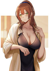 Rule 34 | 1girl, alternate costume, blush, breasts, brown hair, cleavage, collarbone, girls&#039; frontline, green eyes, hair between eyes, hand up, highres, kitsune udon (ai br), large breasts, long hair, looking at viewer, parted lips, sidelocks, smile, solo, springfield (girls&#039; frontline), upper body