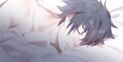 Rule 34 | 10s, 1boy, bayinxie, bed, black hair, final fantasy, final fantasy xv, highres, male focus, noctis lucis caelum, topless male, sleeping, solo