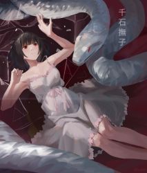 Rule 34 | 1girl, absurdres, armpits, bare shoulders, blunt bangs, bob cut, bow, breasts, broken glass, brown hair, character name, commentary, curled fingers, dress, dress bow, dress flower, falling, glass, glass shards, hand on animal, highres, medium breasts, medium hair, monogatari (series), parted lips, pink bow, pink ribbon, red eyes, ribbon, sengoku nadeko, snake, spaghetti strap, sundress, toxic (toxicv), translated, white dress, white snake