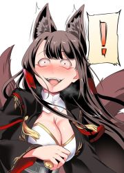 Rule 34 | !, 1girl, akagi (azur lane), animal ears, azur lane, black hair, blunt bangs, blush, breasts, cleavage, commentary request, crazy eyes, crazy smile, eyeshadow, fox ears, fox girl, fox tail, japanese clothes, kitsune, kyuubi, long hair, looking at viewer, makeup, multiple tails, sidelocks, simple background, smile, solo, spoken exclamation mark, steed (steed enterprise), tail, white background, wide sleeves