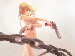 Rule 34 | 1girl, blonde hair, chain, convenient censoring, dual wielding, dungeon and fighter, gun, half-closed eyes, handgun, highres, holding, holding gun, holding weapon, long hair, navel, nude, parted lips, pistol, red eyes, revolver, sheepspear, solo, weapon