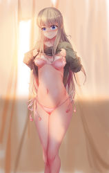 Rule 34 | 1girl, backlighting, bad id, bad pixiv id, bare legs, blonde hair, blue eyes, blush, bra, breasts, cleavage, crazy eyes, curtains, groin, highres, indoors, legs together, lifting own clothes, lips, long hair, long sleeves, looking down, midriff, navel, original, panties, pink bra, pink panties, pink ribbon, pom pom (clothes), ribbon, side-tie panties, smile, solo, standing, stomach, sunlight, tareme, underwear, very long hair, wide-eyed, wujia xiaozi